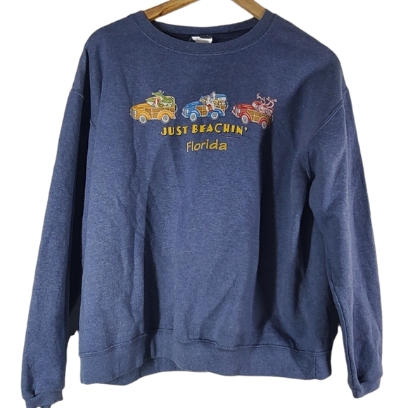 Vintage HANES Premium Sweatshirt Large Blue Just beachin' Florida - Picture 1 of 5